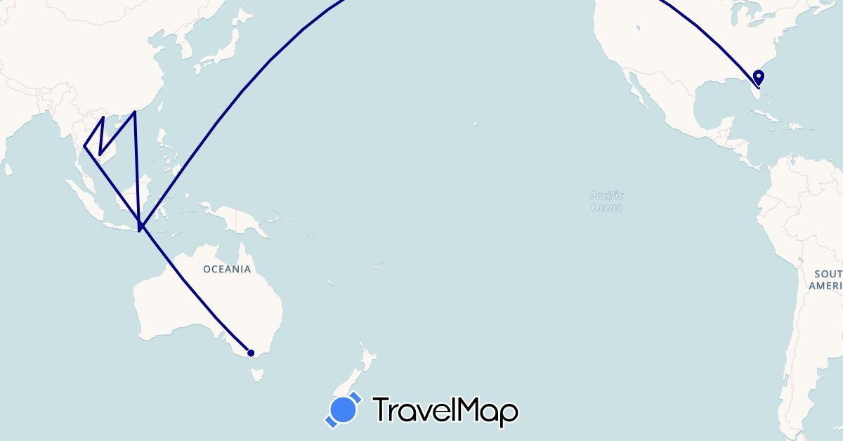 TravelMap itinerary: driving in Australia, China, Indonesia, Cambodia, Thailand, United States, Vietnam (Asia, North America, Oceania)
